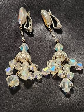 Vintage Lewis Segal AB Rhinestone Chandelier Earrings - White Iridescent